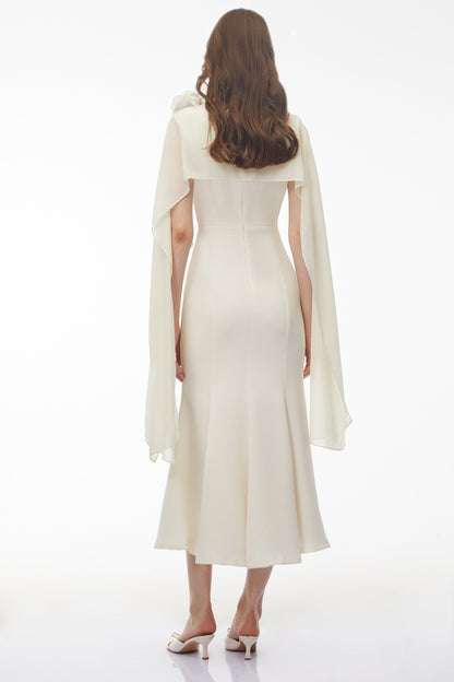Giuliana White Midi Dress with Cape Sleeves and 3D Florals