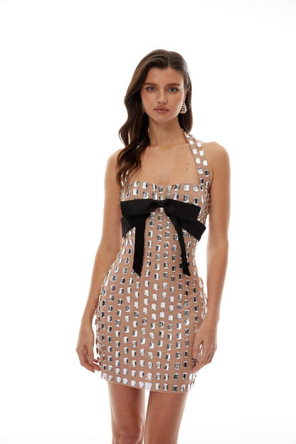 Giustina Silver Halterneck Bowknot Crystal Mini Dress
