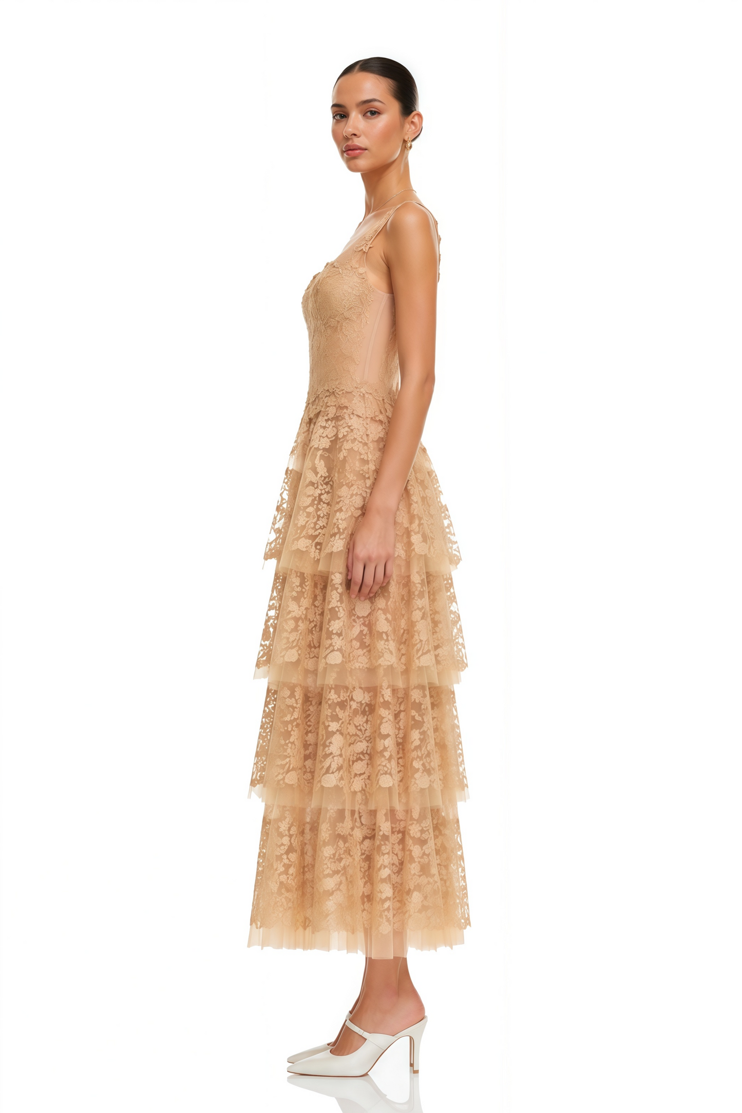 Gizela Neutral Tiered Lace Maxi Dress