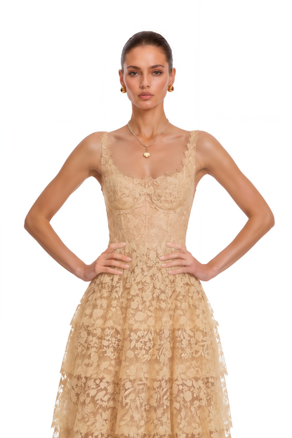 Gizela Neutral Tiered Lace Maxi Dress