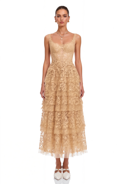 Gizela Neutral Tiered Lace Maxi Dress