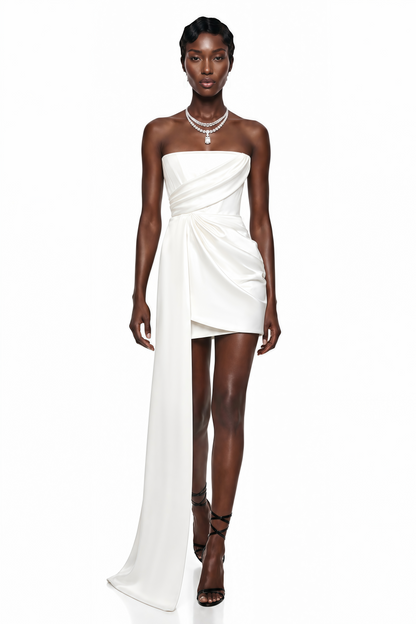 Gizem White Asymmetrical Ruched Mini Dress