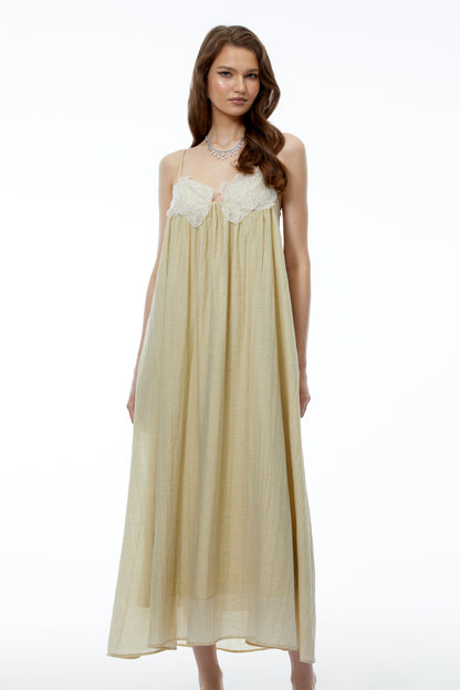 Gladys Neutral Ruched Maxi Dress with 3D Florals