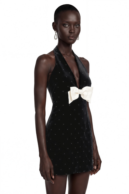 Grace Black Halterneck Mini Dress with Bow Detail