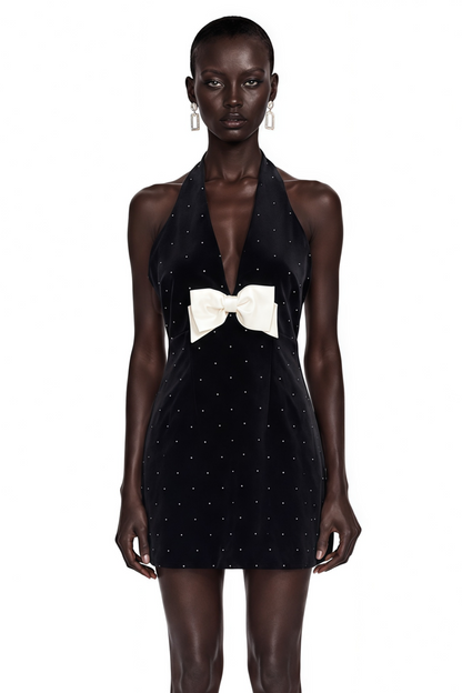 Grace Black Halterneck Mini Dress with Bow Detail