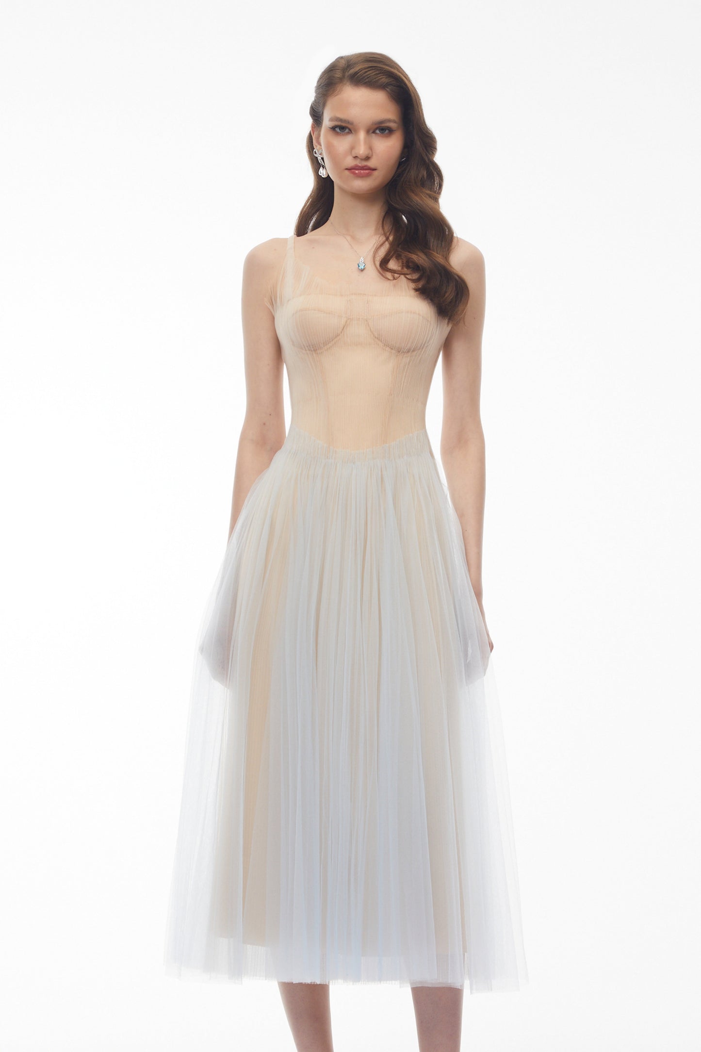 Graciana Dusty Blue Pleated Mesh Midi Dress