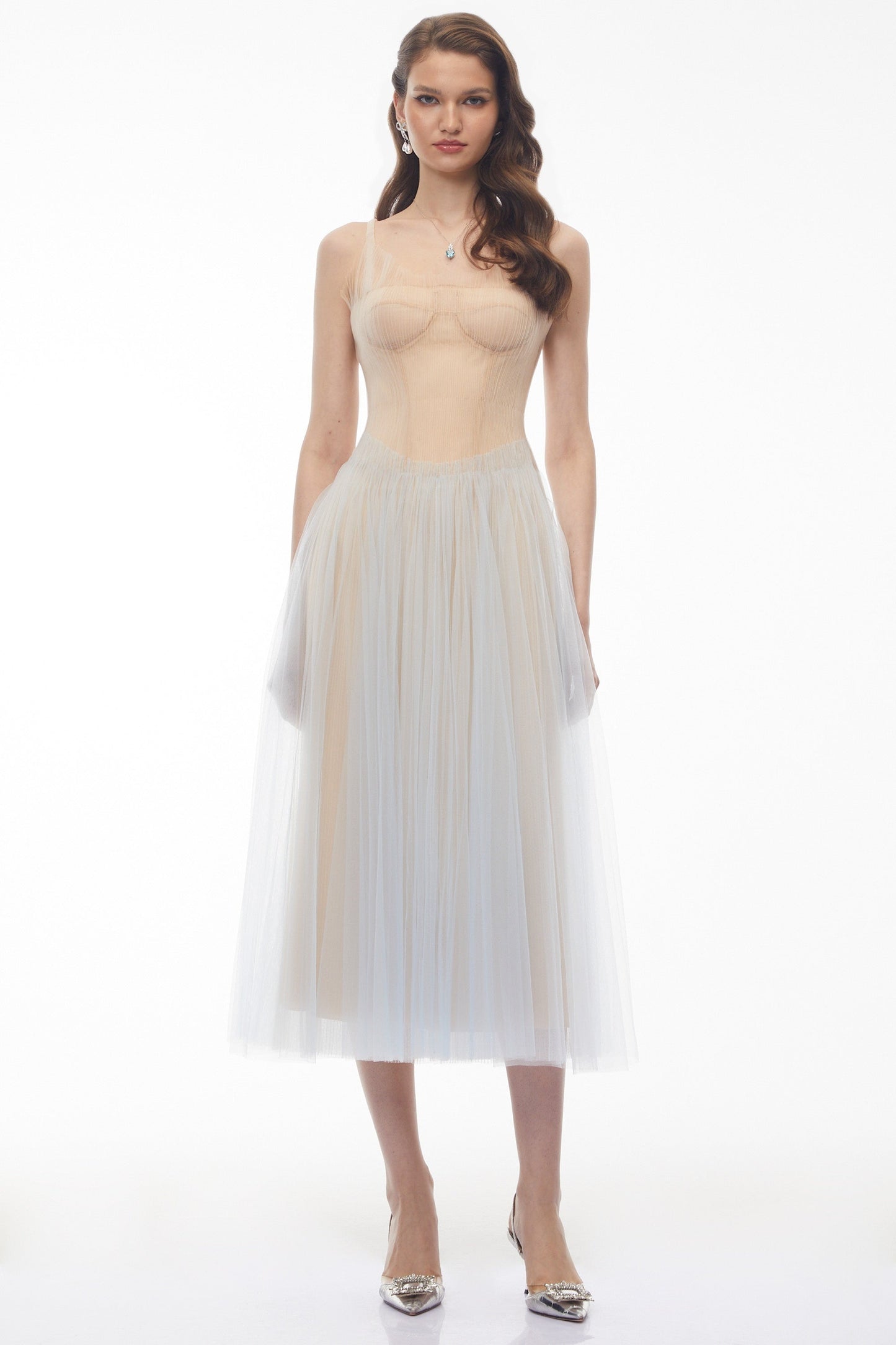 Graciana Dusty Blue Pleated Mesh Midi Dress