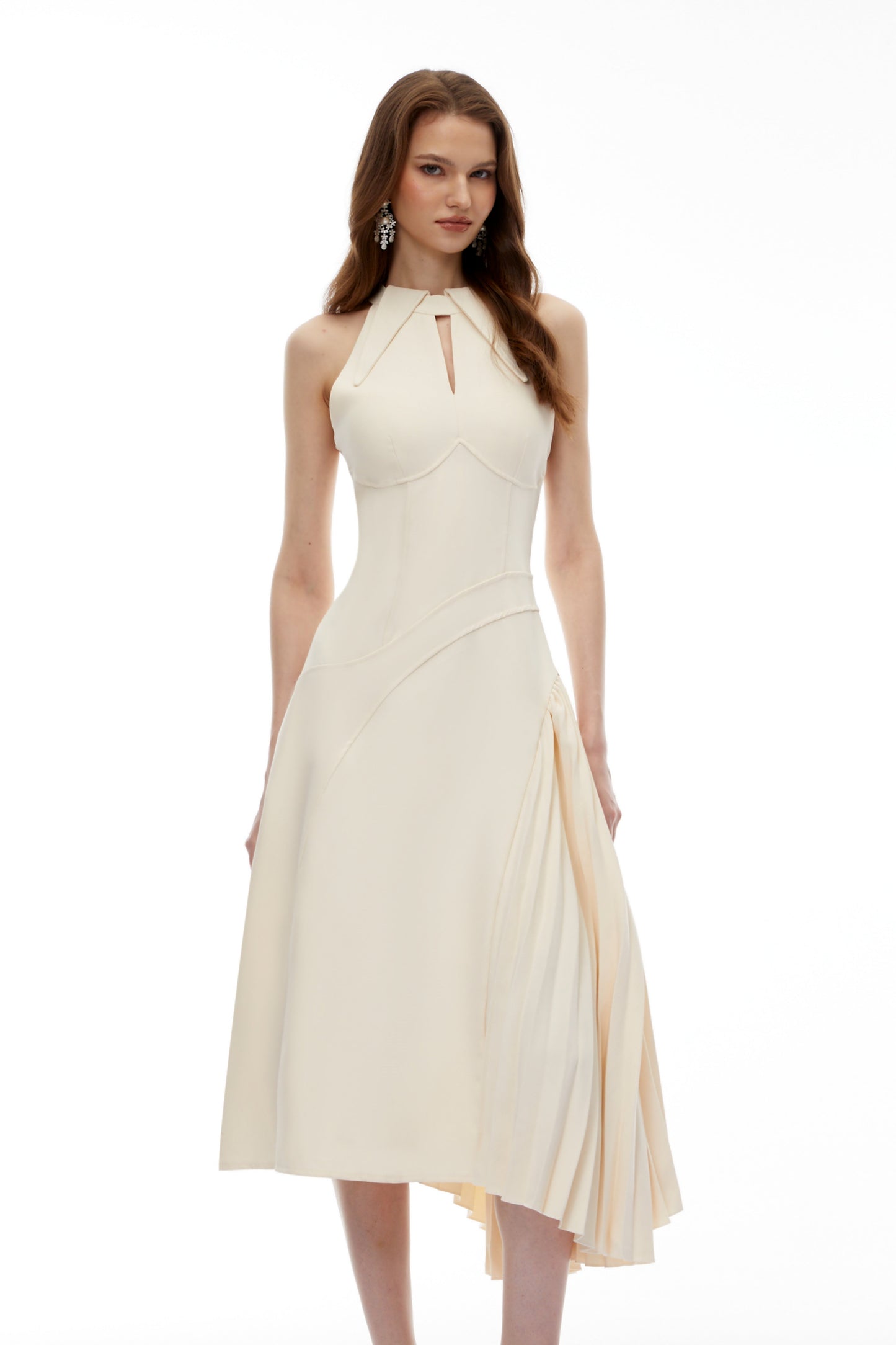 Griselda Neutral Halterneck Ruched Midi Dress