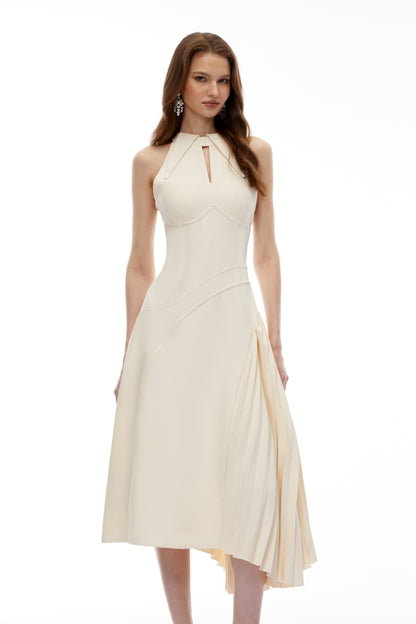Griselda Neutral Halterneck Ruched Midi Dress