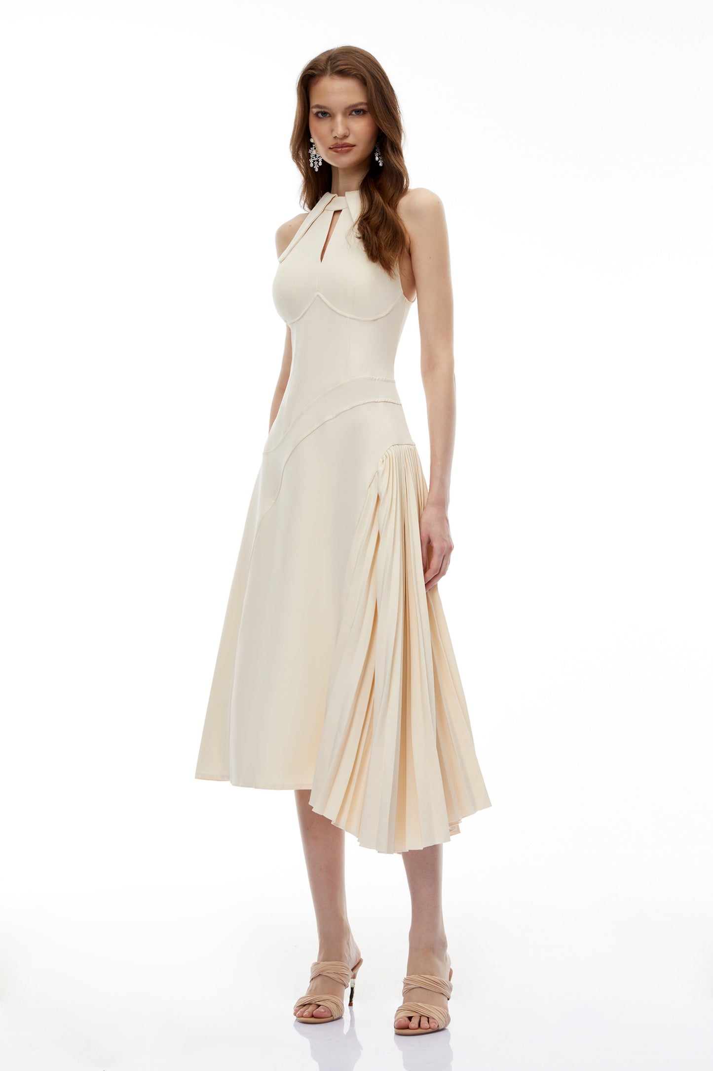Griselda Neutral Halterneck Ruched Midi Dress