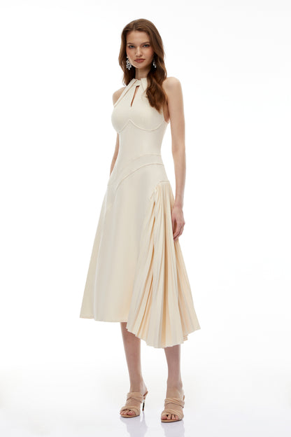 Griselda Neutral Halterneck Ruched Midi Dress