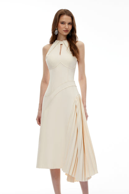 Griselda Neutral Halterneck Ruched Midi Dress