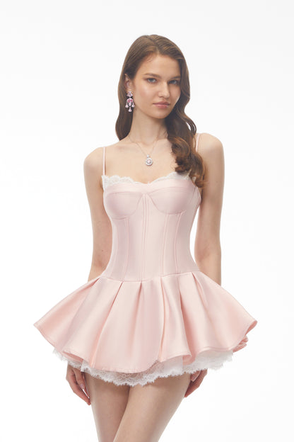 Guadalupe Baby Pink Ruffled Mini Dress with Lace Trim