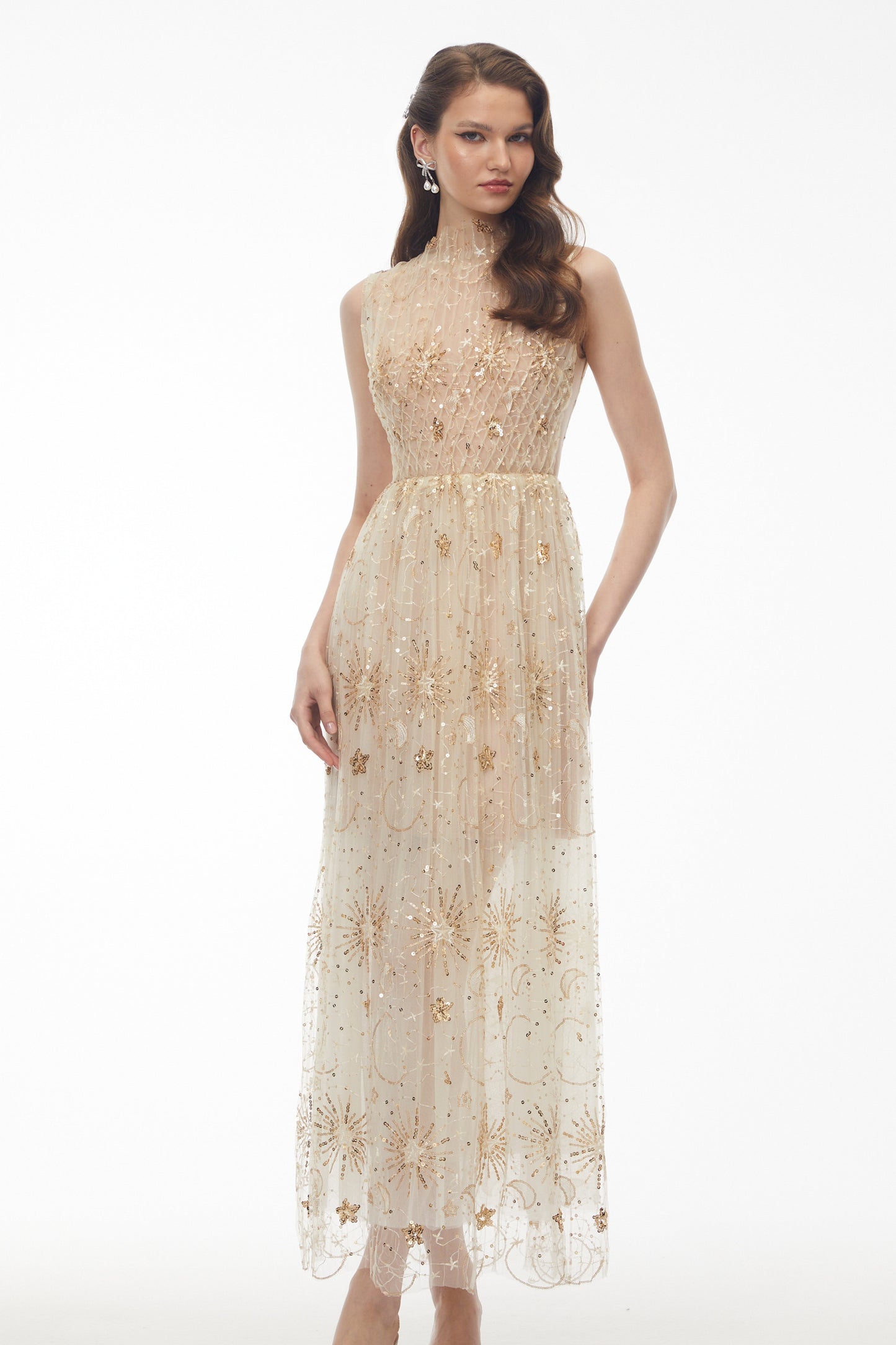 Brigida Neutral Sleeveless Sequin Maxi Dress