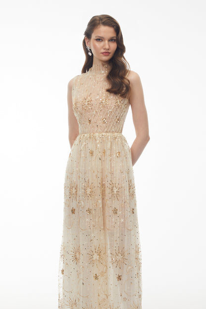 Brigida Neutral Sleeveless Sequin Maxi Dress