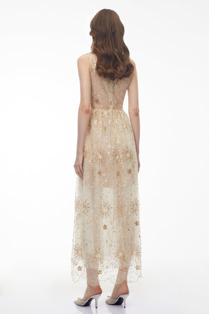 Brigida Neutral Sleeveless Sequin Maxi Dress