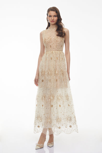 Brigida Neutral Sleeveless Sequin Maxi Dress