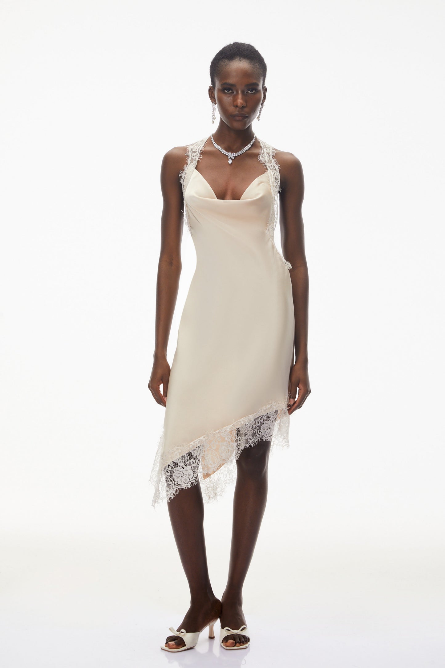 Gudrun Neutral Halterneck Satin Mini Dress