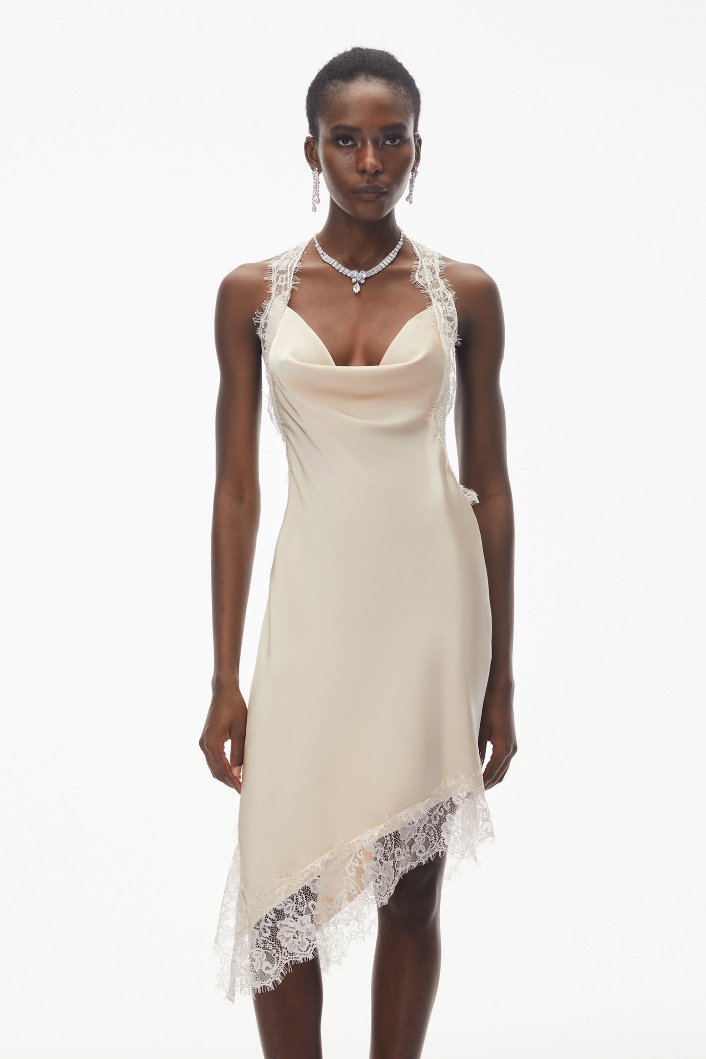 Gudrun Neutral Halterneck Satin Mini Dress
