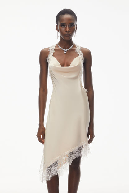 Gudrun Neutral Halterneck Satin Mini Dress