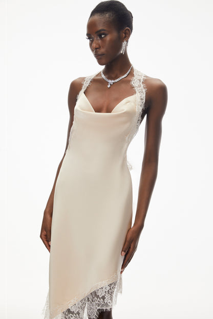 Gudrun Neutral Halterneck Satin Mini Dress