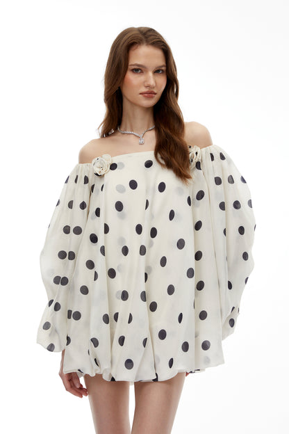 Gudrun White Off Shoulder Polka Dot Mini Dress