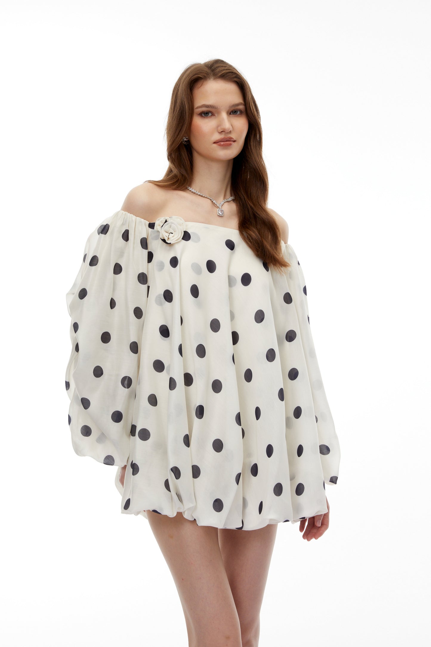 Gudrun White Off Shoulder Polka Dot Mini Dress