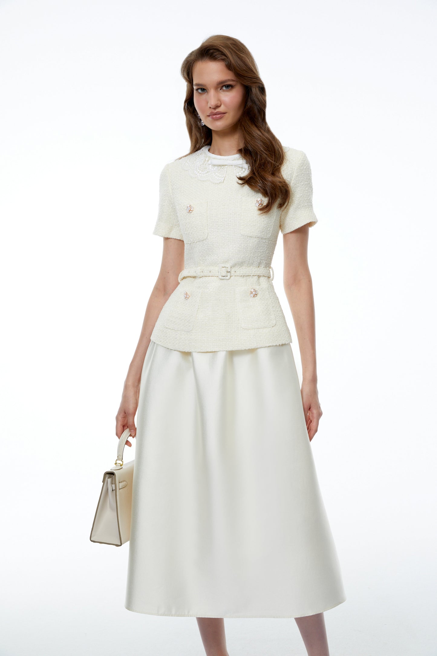 Gunilla White Tweed Midi Dress with Bow