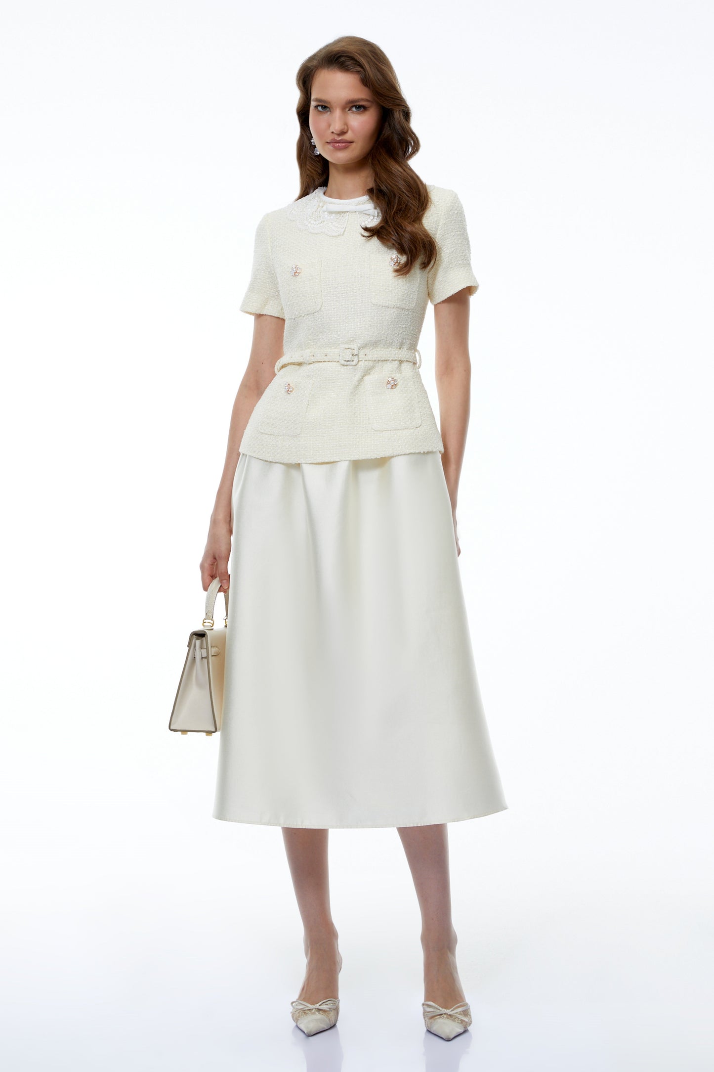 Gunilla White Tweed Midi Dress with Bow