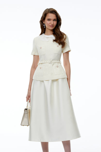 Gunilla White Tweed Midi Dress with Bow