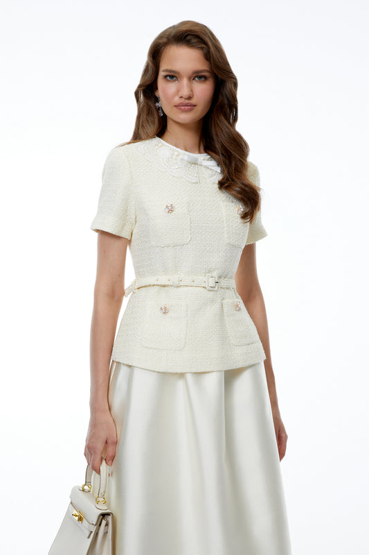 Gunilla White Tweed Midi Dress with Bow