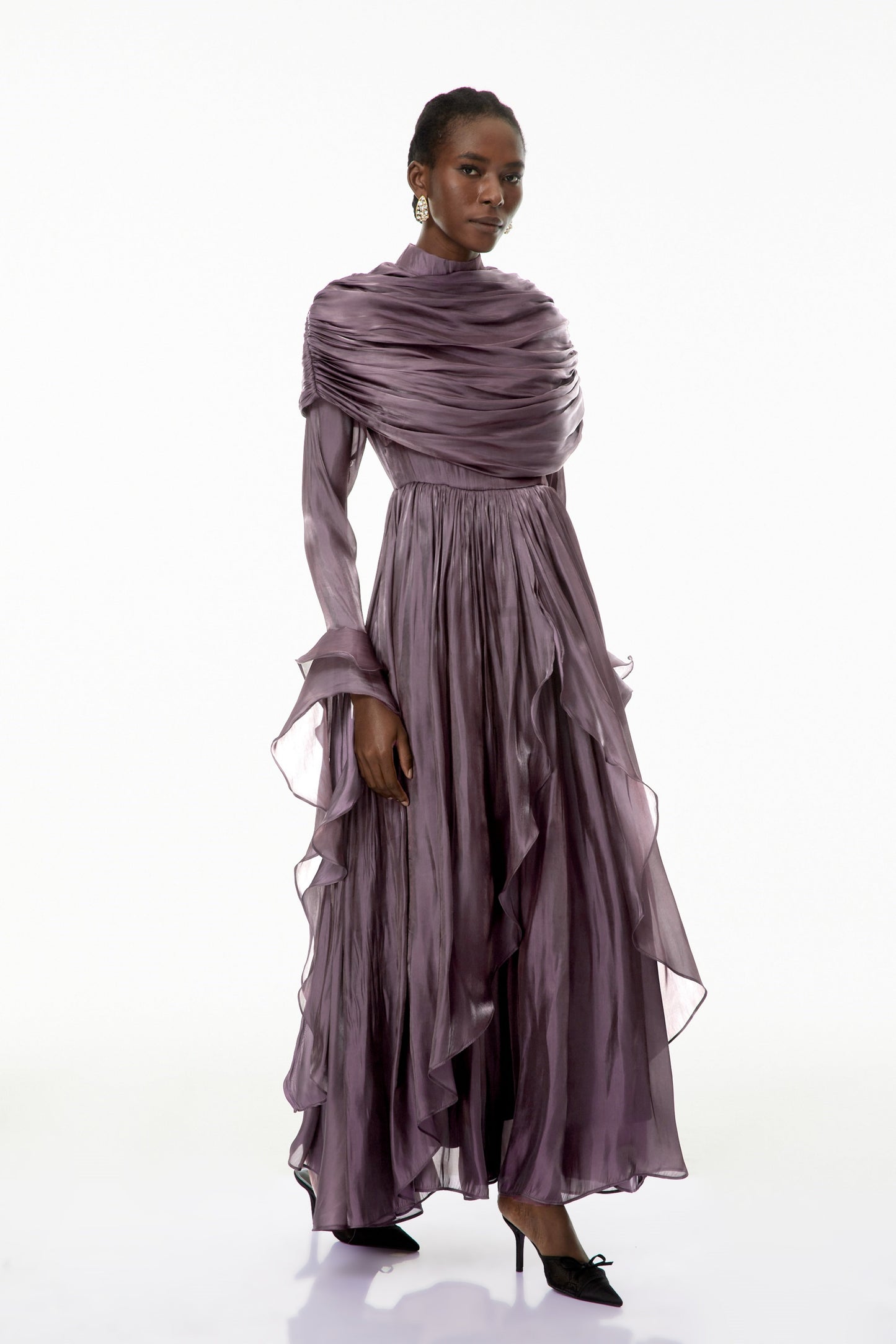 Gustave Purple Ruched Cape Ruffled Maxi Dress