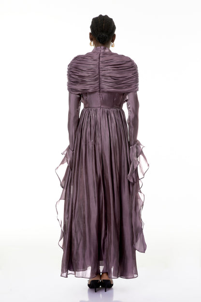 Gustave Purple Ruched Cape Ruffled Maxi Dress