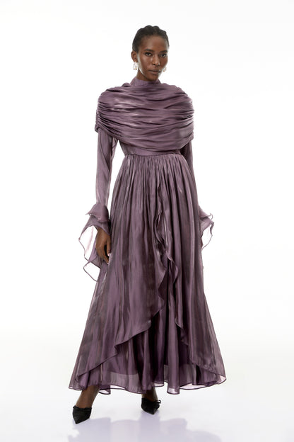 Gustave Purple Ruched Cape Ruffled Maxi Dress