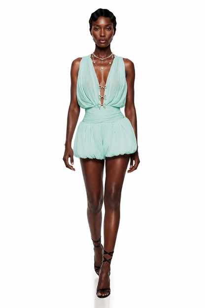 Hacer Green Ruched Mini Dress with Bow Detail