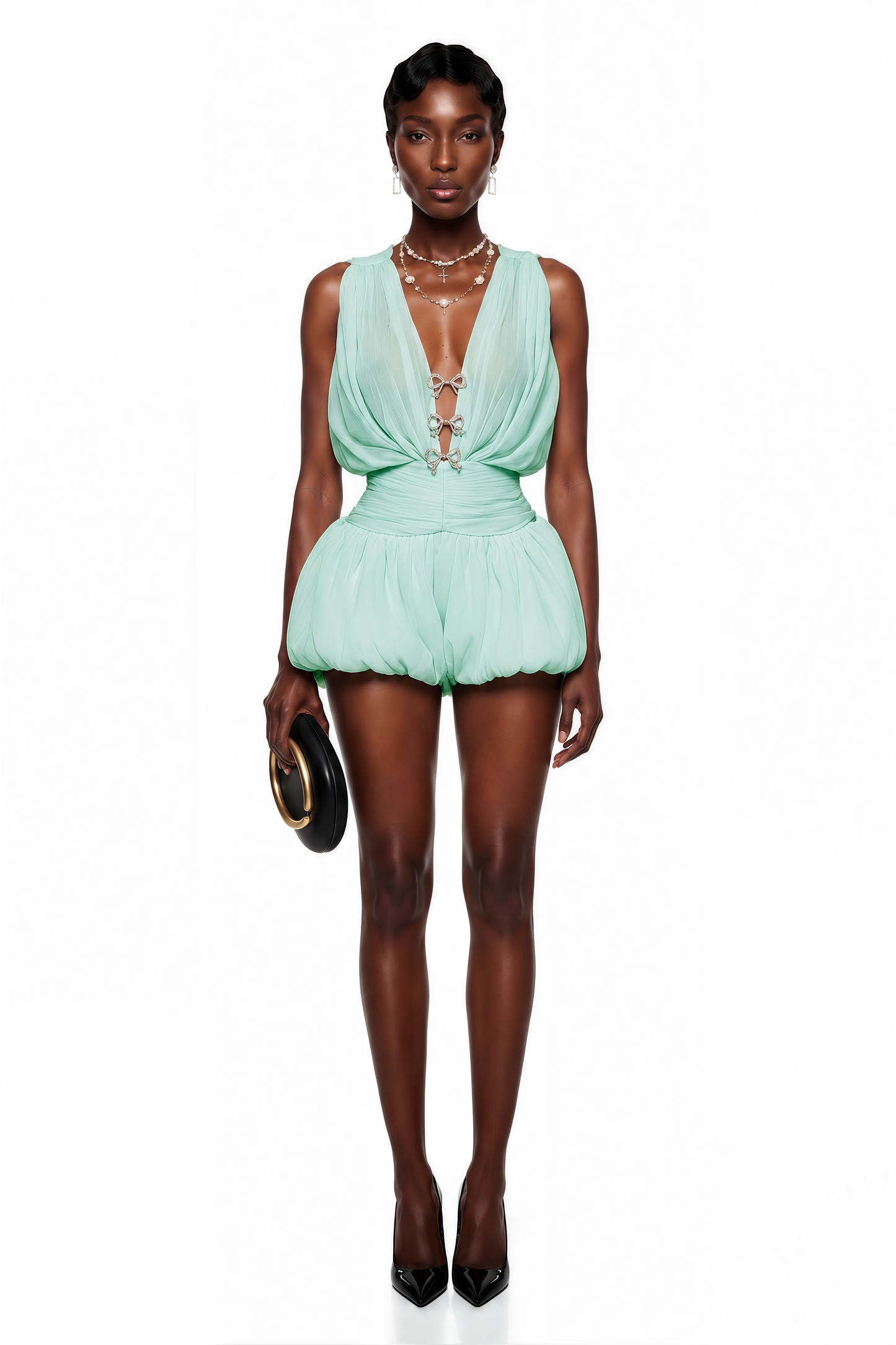 Hacer Green Ruched Mini Dress with Bow Detail