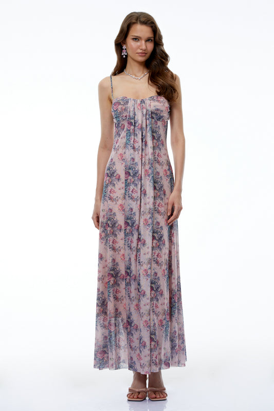 Hahana Pembe Çiçek Desenli Sweet Heart Maxi Elbise