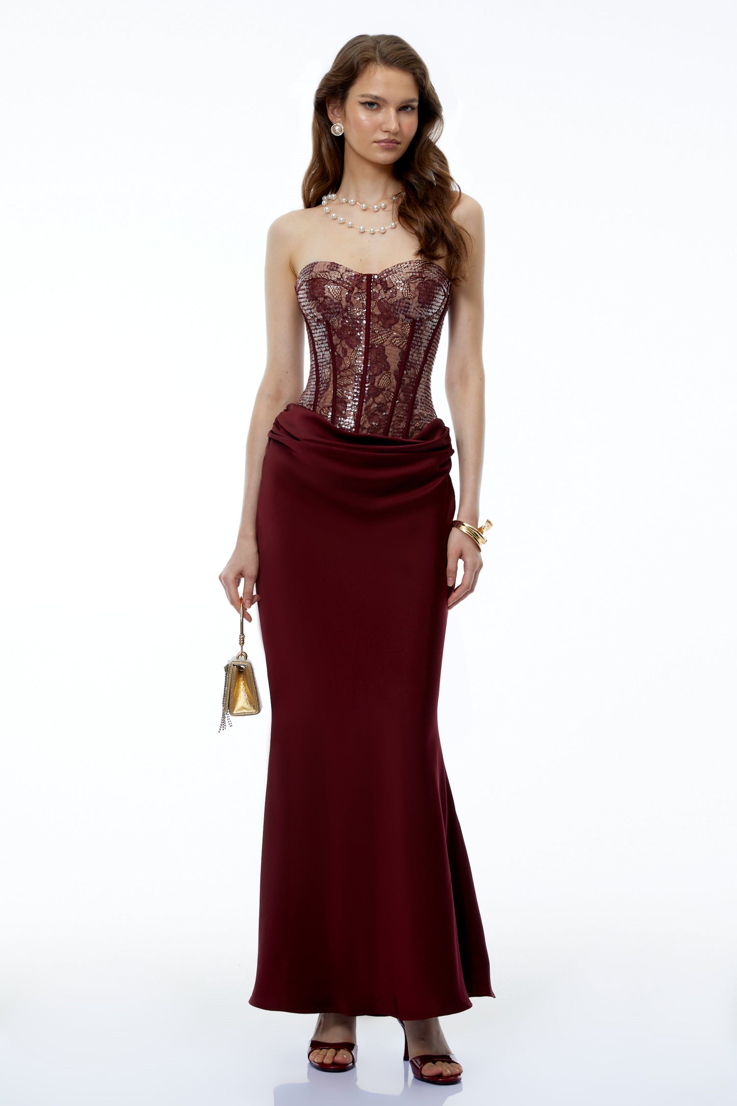 Halima Burgundy Sequin Maxi Dress with Lace Panels