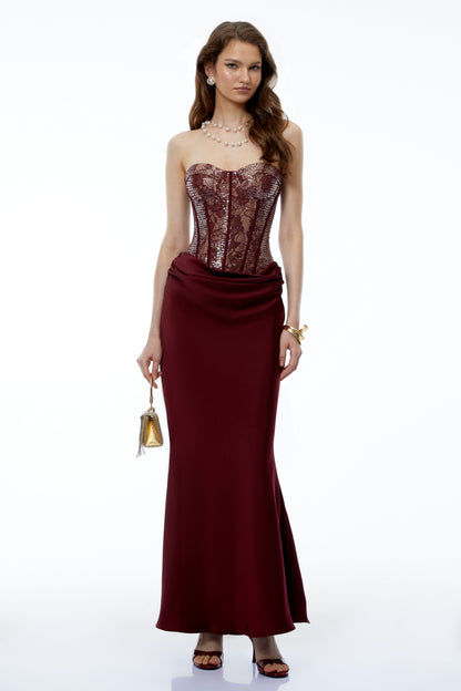 Halima Burgundy Sequin Maxi Dress with Lace Panels