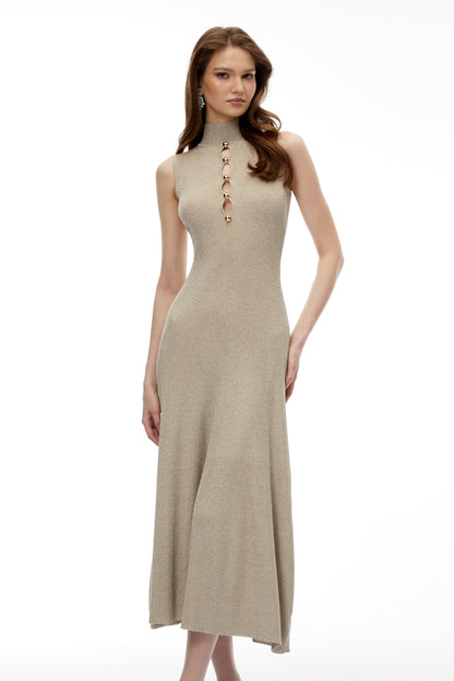 Hallveig Gold Beaded Knit Maxi Dress