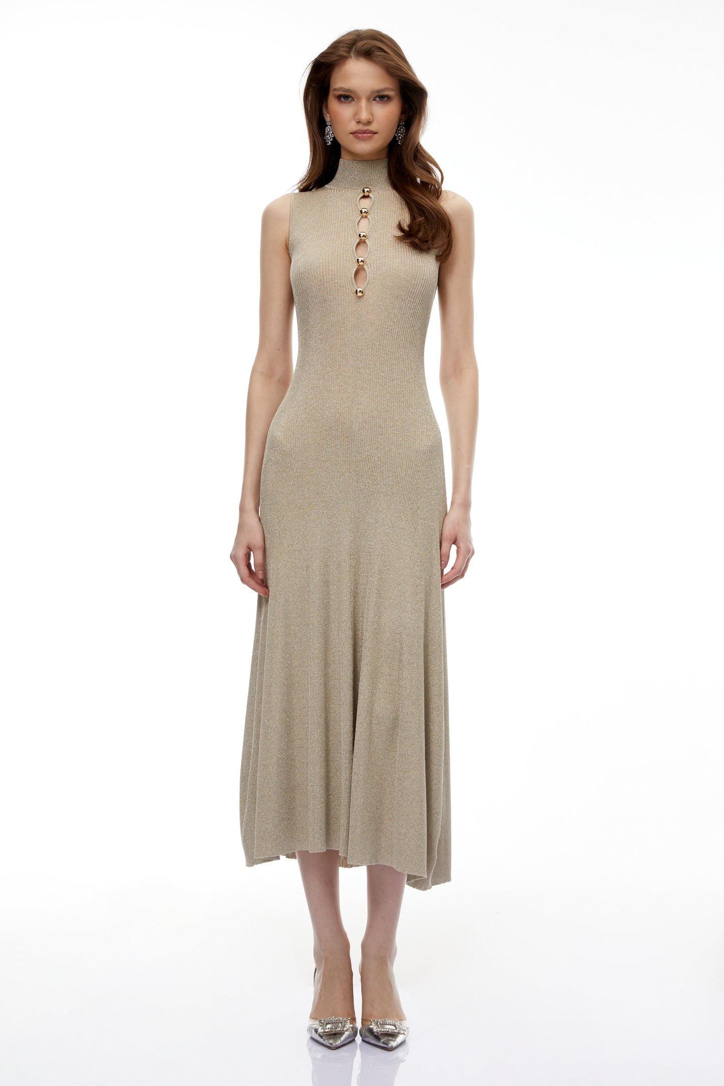 Hallveig Gold Beaded Knit Maxi Dress
