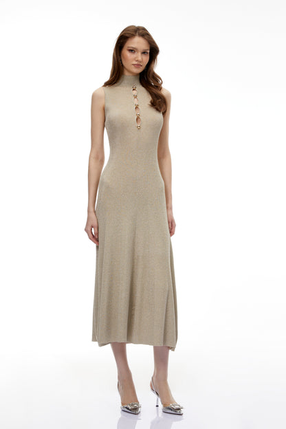 Hallveig Gold Beaded Knit Maxi Dress