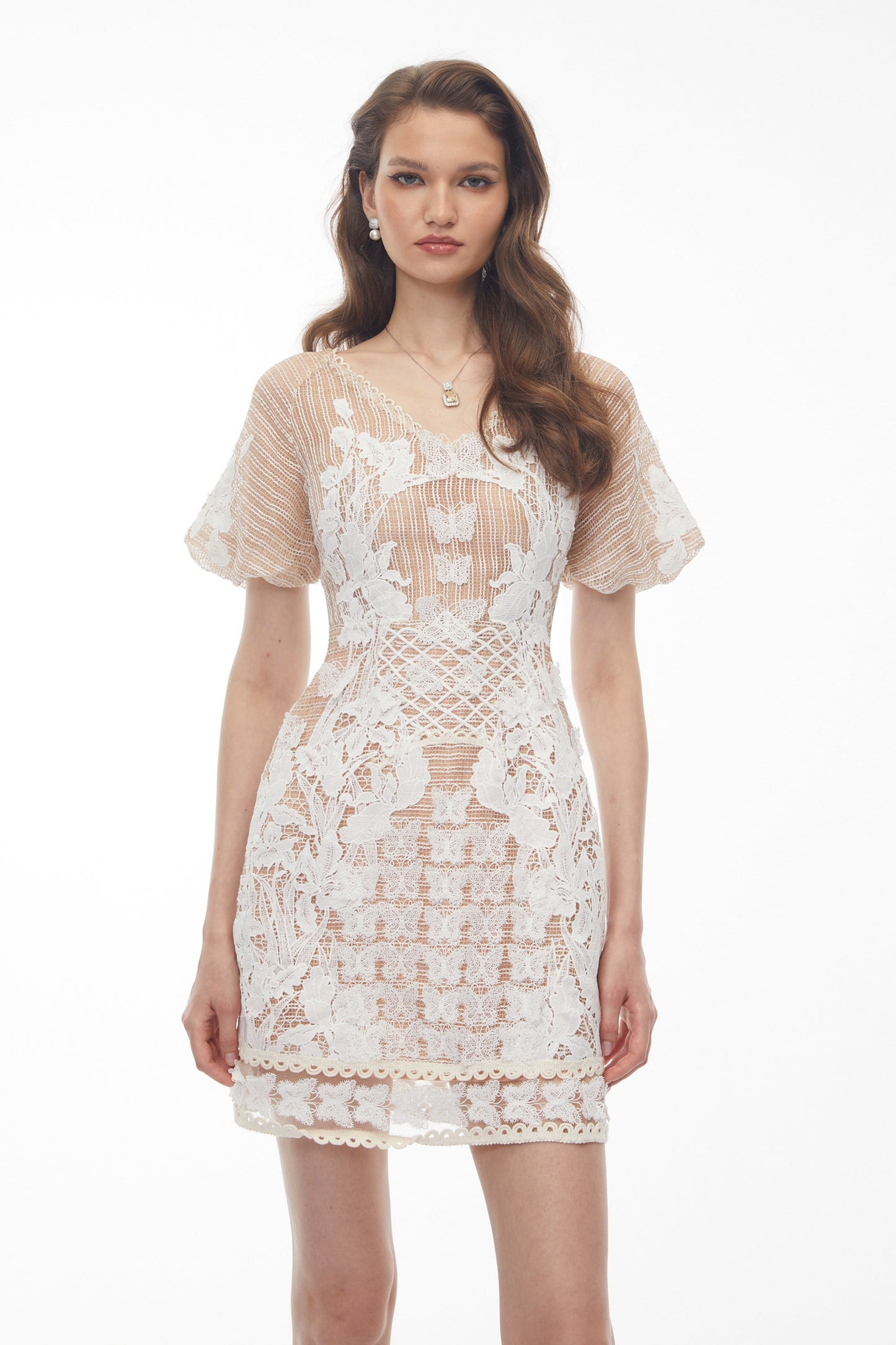 Halsey Neutral Lace Mini Dress with Butterfly Appliqué