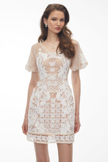 Halsey Neutral Lace Mini Dress with Butterfly Appliqué