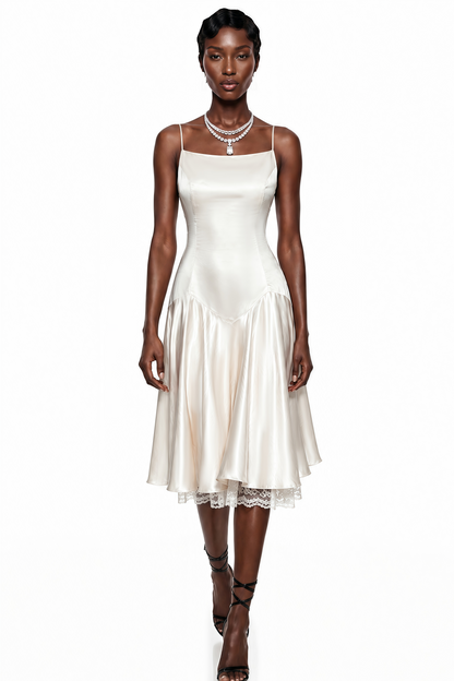Hanife Champagne Satin Midi Dress with Lace Panels