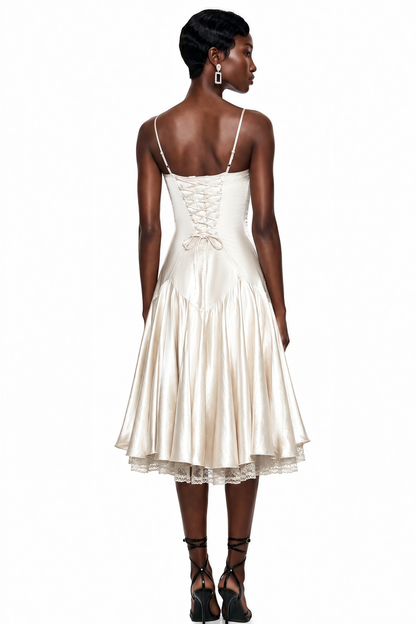 Hanife Champagne Satin Midi Dress with Lace Panels
