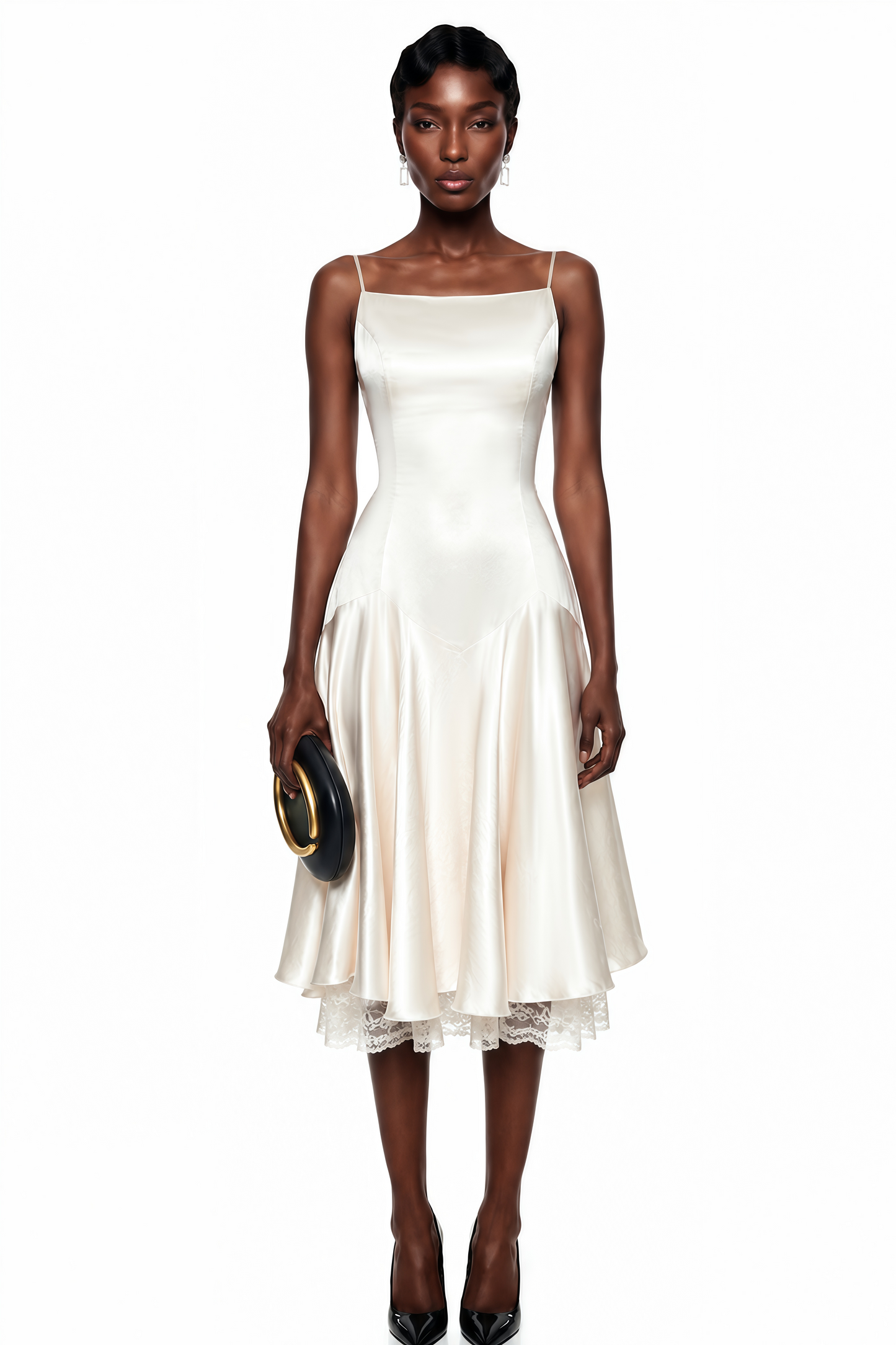 Hanife Champagne Satin Midi Dress with Lace Panels