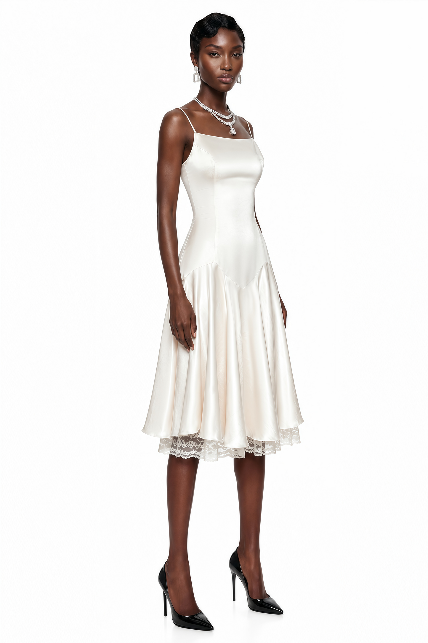 Hanife Champagne Satin Midi Dress with Lace Panels