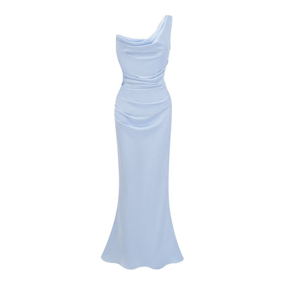 Hannah Blue One Shoulder Satin Maxi Dress