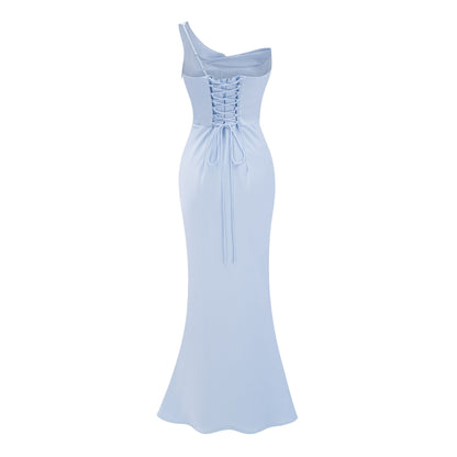 Hannah Blue One Shoulder Satin Maxi Dress